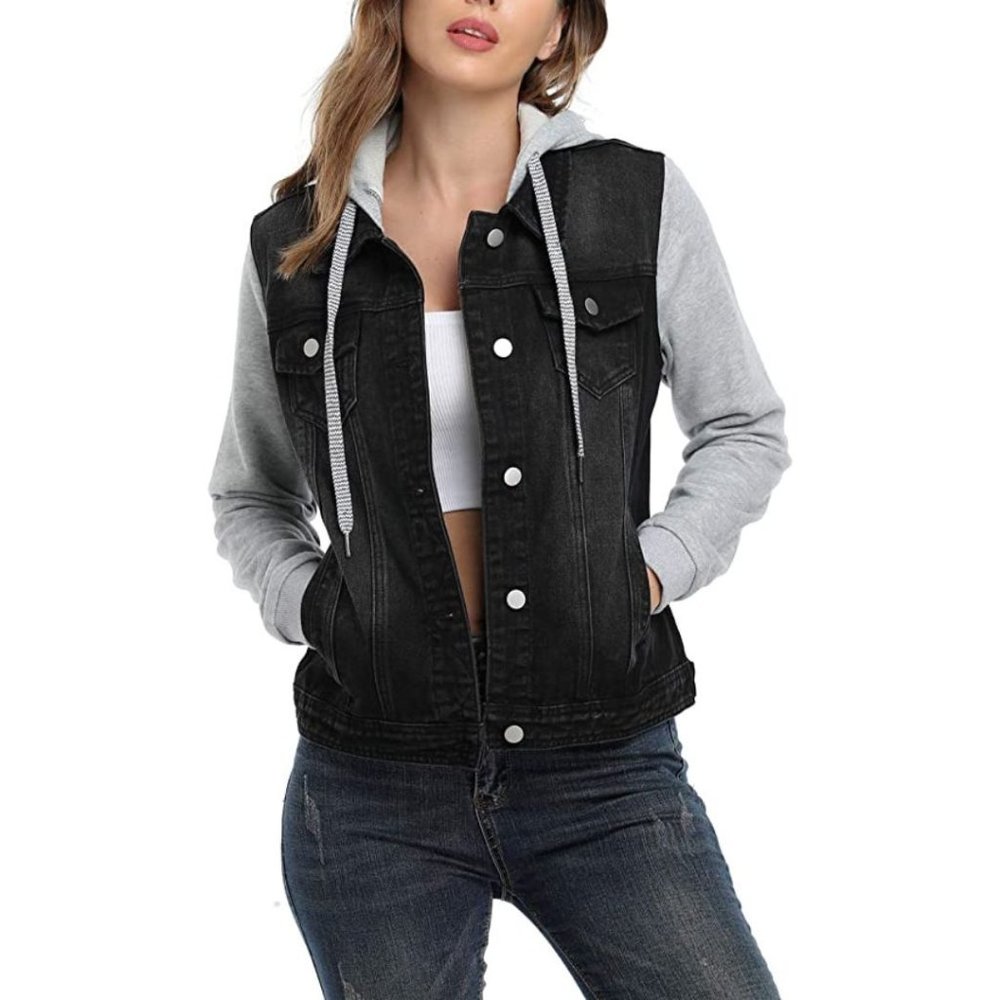 HUDSON Hooded Jean Jacket Washed Long Sleeve Hoodie Black Denim Pockets Sz 4